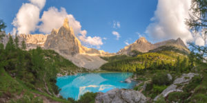 the turquoise water of Sorapiss lake and the mountain Dito di Dio (Finger of God), Dolomites, Cortina d' Ampezzo, Belluno, Veneto, Italy the turquoise water of Sorapiss lake and the mountain Dito di Dio (Finger of God), Dolomites, Cortina d' Ampezzo, Belluno, Veneto, Italy